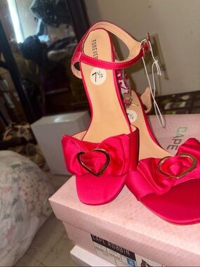 Forever 21 Hot Pink Satin Ankle-Strap Heels with Heart Bow